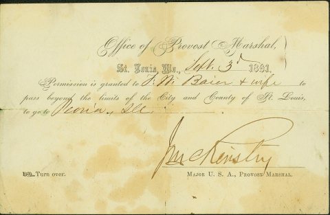 Military pass of F.W. Baier and wife, signed J. McKinstry, St. Louis, September 3, 1861