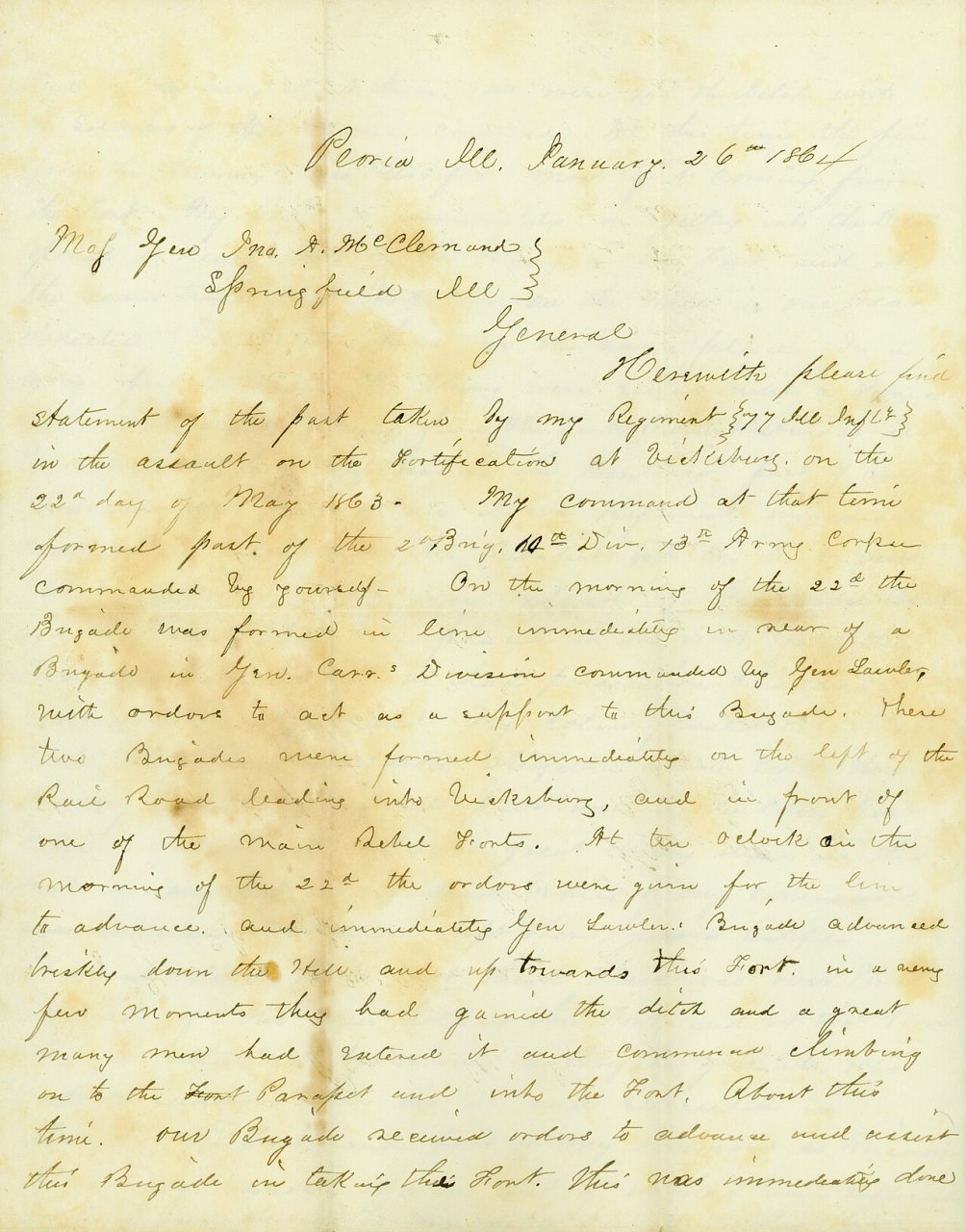 Letter from D.P. Grier, Peoria, Ill., to Maj. Gen. J. A. McClernand, January 26, 1864