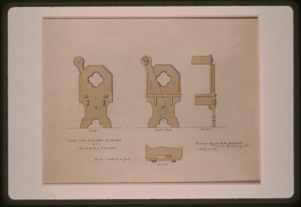 Norwich Church (Norwich, Connecticut). Sunday School. Seat. Elevations, plan, and section