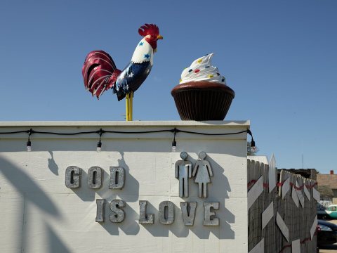 Giant cupcake and chicken display (the chicken's having little to do, directly, with ice cream) outside Paxton's Corner…
