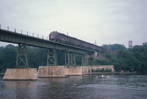 CGW 115-A (F5A) westbound freight -143 crossing over the Fox River at St. Charles, IL on July 4, 1962