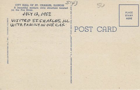 City Hall, St. Charles, Illinois - Postcard Verso