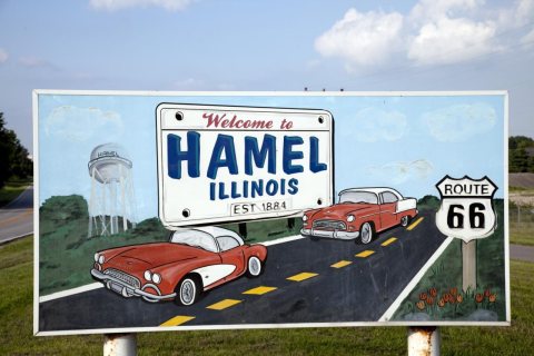 Entrance sign to Hamel, Illinois, Route 66