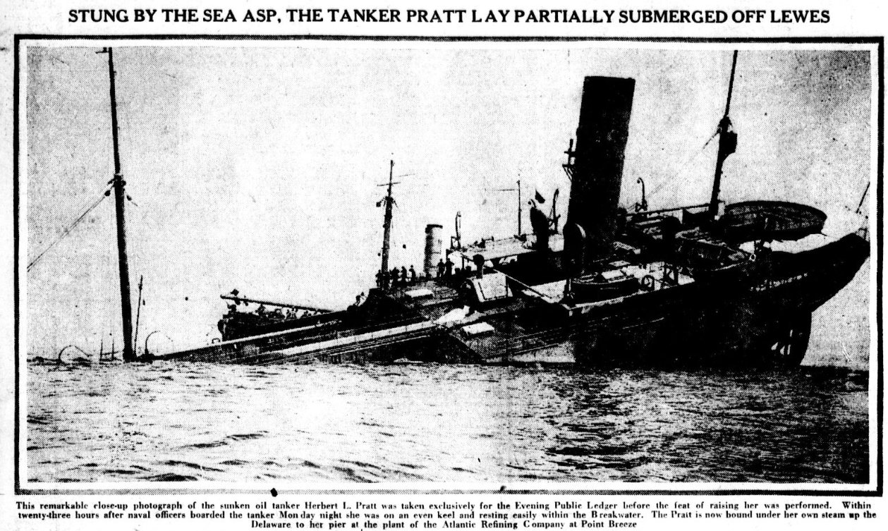 Stung by the Sea Asp the Tanker Herbert L. Pratt lay partially submerged off Lewes June 3 1918