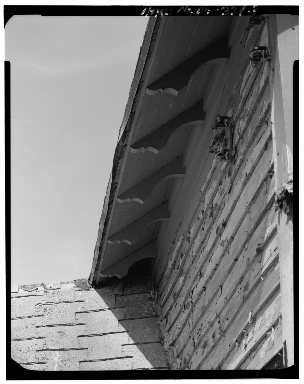 Detail of shaped rafter ends and underside of eave, looking east - William H. Ward House, North side of Road 244, .25 m…