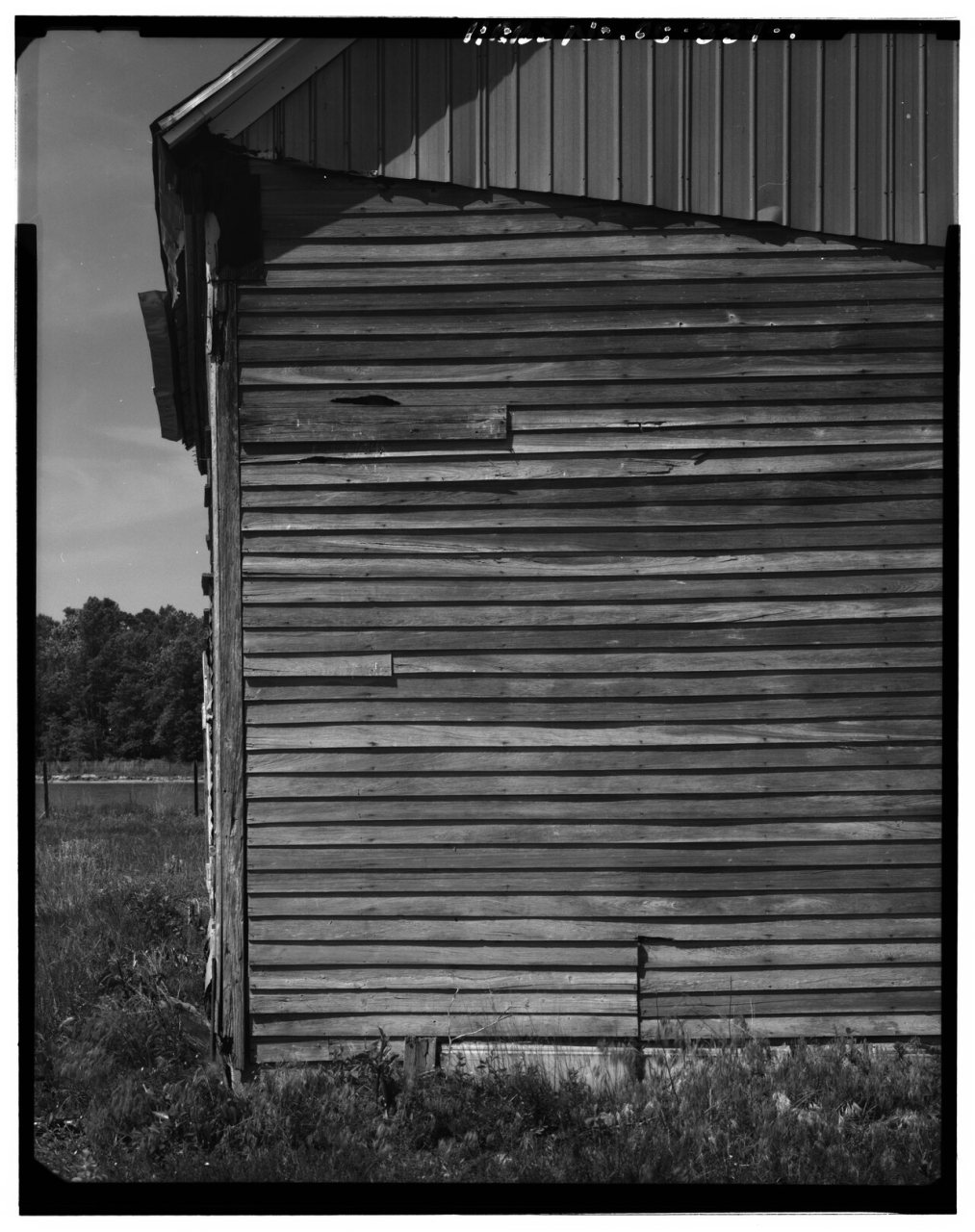 Detail, partial elevation showing diagonal nailing pattern at corner bracing, looking west - William H. Ward House, Nor…