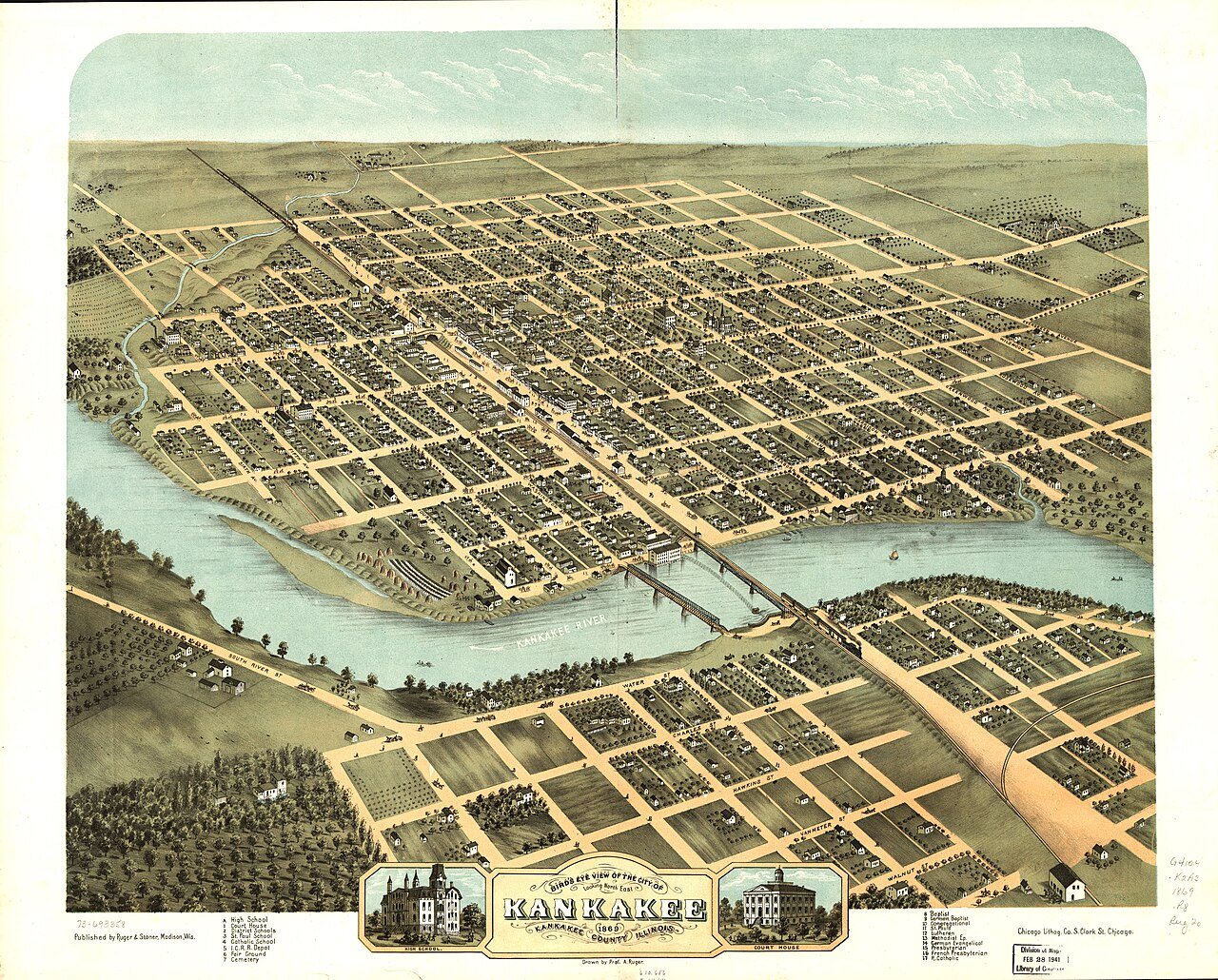 Bird's eye view of the city of Kankakee, Kankakee County, Illinois 1869