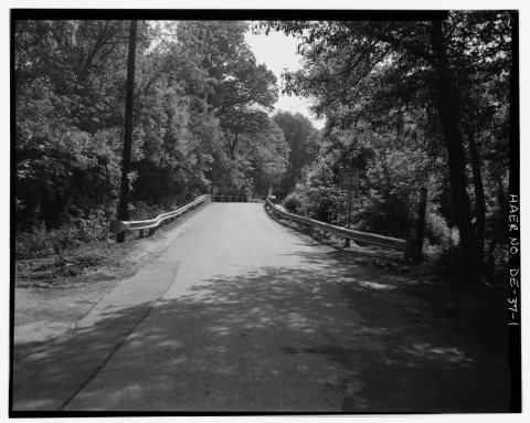 VIEW EAST, ROADWAY ELEVATION AND SETTING - Thompson's Station Bridge, Spanning White Clay Creek on Chambers Rock Road (…