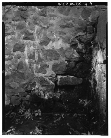 DETAIL OF REPOINTING ON EAST ELEVATION OF WEST PARAPET WALL NEAR JUNCTION OF DAM AND PARAPET WALL, LOOKING WEST - Whitm…