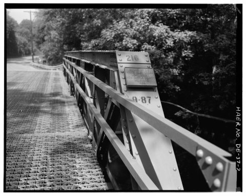 VIEW WEST, ORIGINAL PLAQUE ON NORTH PORTAL - Thompson's Station Bridge, Spanning White Clay Creek on Chambers Rock Road…