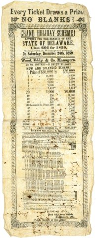 Advertisement for Grand Holiday Scheme! Lottery for the Benefit of the State of Delaware, to be drawn at Wilmington, De…