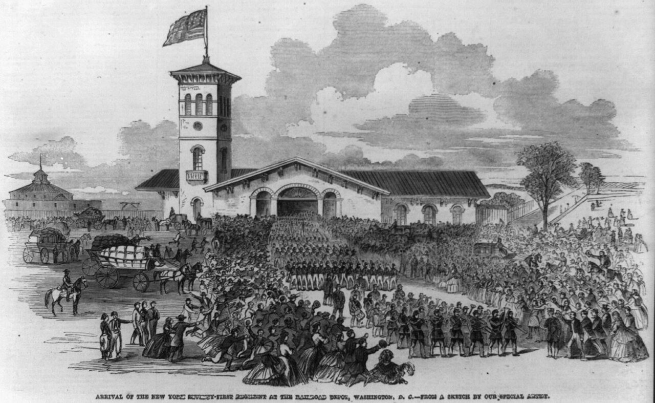 Arrival of the New York seventy-first regiment at the railroad depot, Washington, D.C. - from a sketch by our special a…