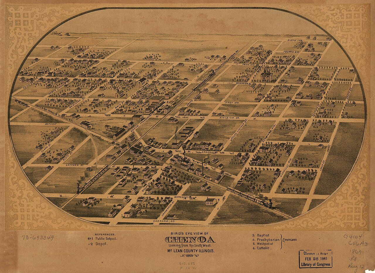 Bird's eye view of Chenoa, McLean County, Illinois 1869
