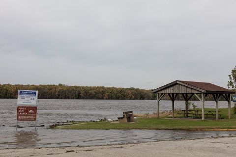 Water is high in a channel of the Mississippi River