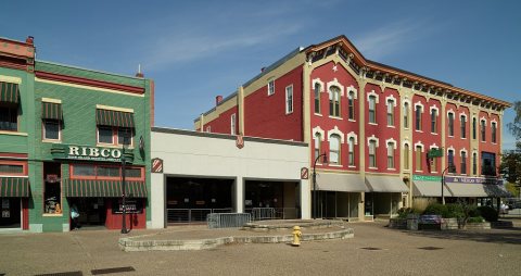 Shops and restaurants in downtown Rock Island, Illinois