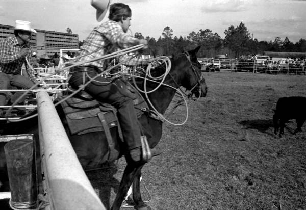 Gurney Geiger opening the gate for a calf roper at the Macclenny Rodeo