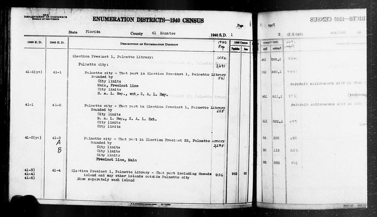 1940 Census Enumeration District Descriptions - Florida - Manatee County - ED 41-1, ED 41-2, ED 41-3A, ED 41-3B, ED 41-4
