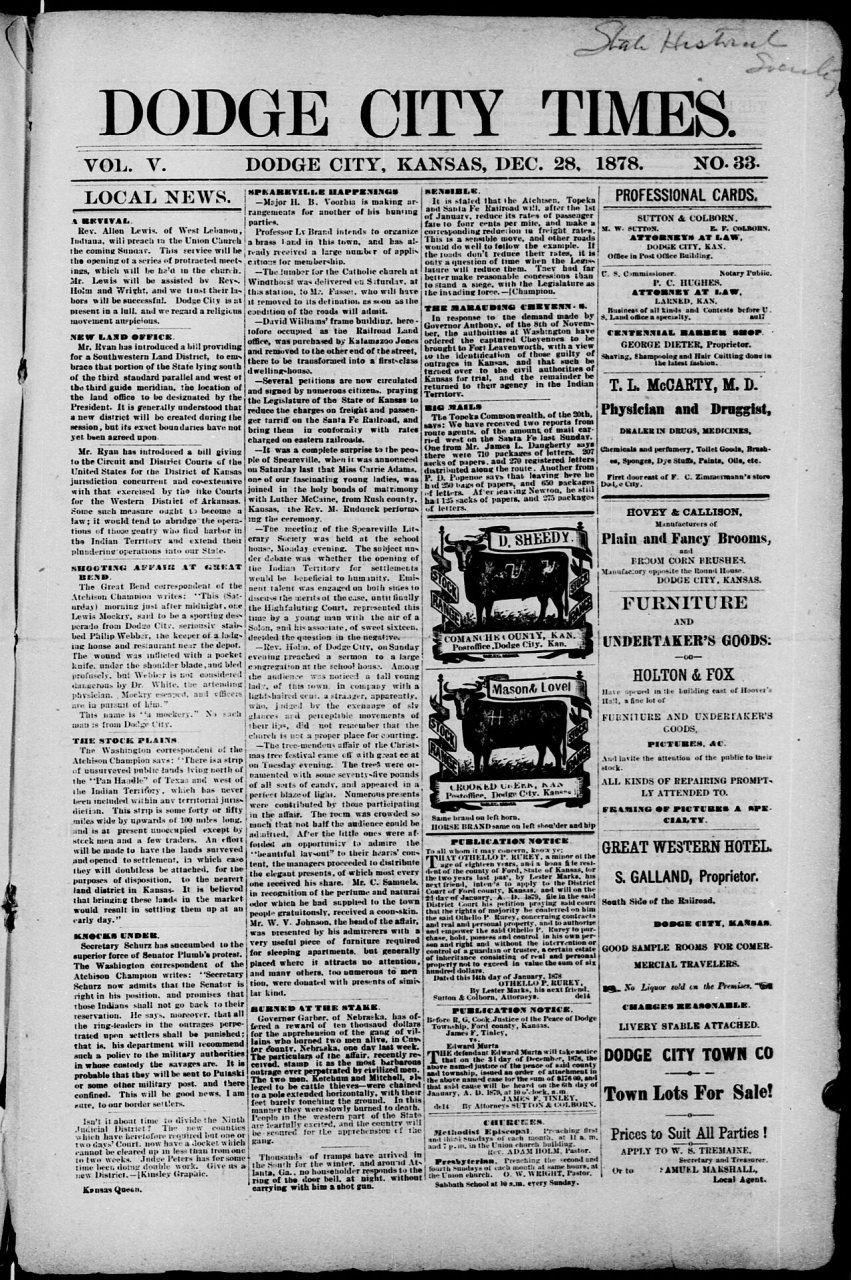 1878 Dodge City Times December 28 Kansas LC