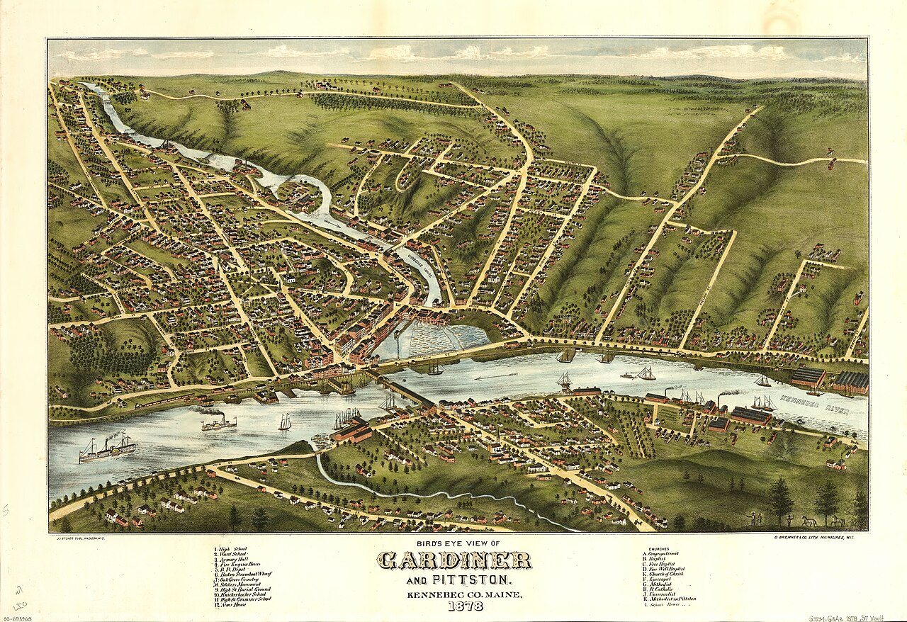 Bird's eye view of Gardiner and Pittston, Kennebec Co., Maine, 1878