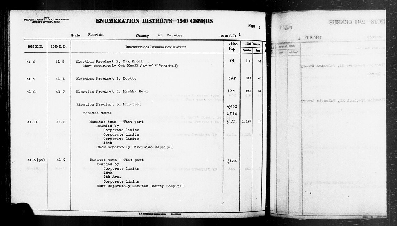 1940 Census Enumeration District Descriptions - Florida - Manatee County - ED 41-5, ED 41-6, ED 41-7, ED 41-8, ED 41-9
