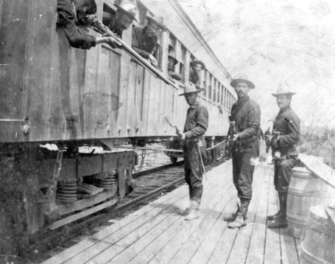 Soldiers of the 2nd Regiment of Louisiana Volunteers at train depot
