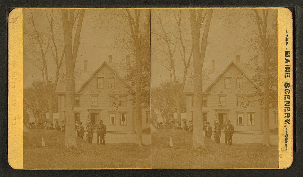 Hotel at Union, Maine.Alternate Title: A hotel with a group of men in uniform