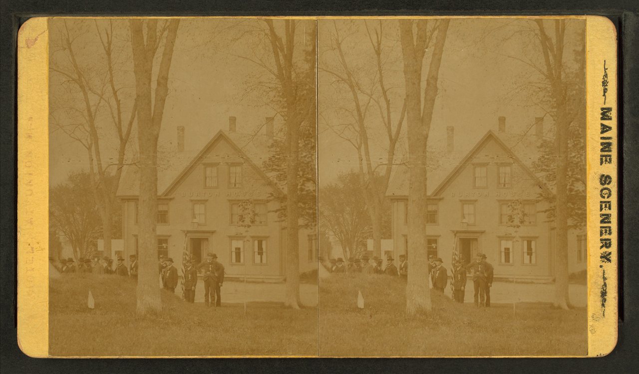 Hotel at Union, Maine.Alternate Title: A hotel with a group of men in uniform