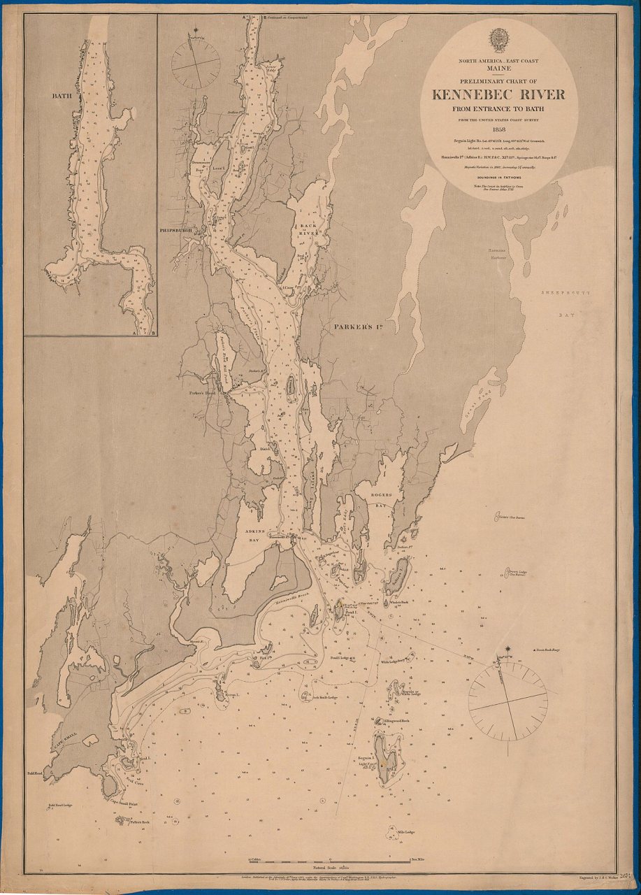 Admiralty Chart No 2874 Kennebec River from entrance to Bath, Published 1862