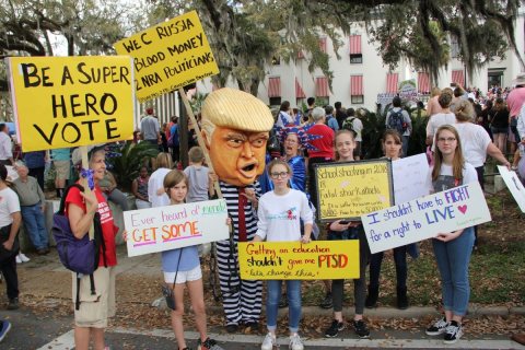 Student demonstrators and gun-control activists holding up their signs at the Never Again Rally in Tallahassee
