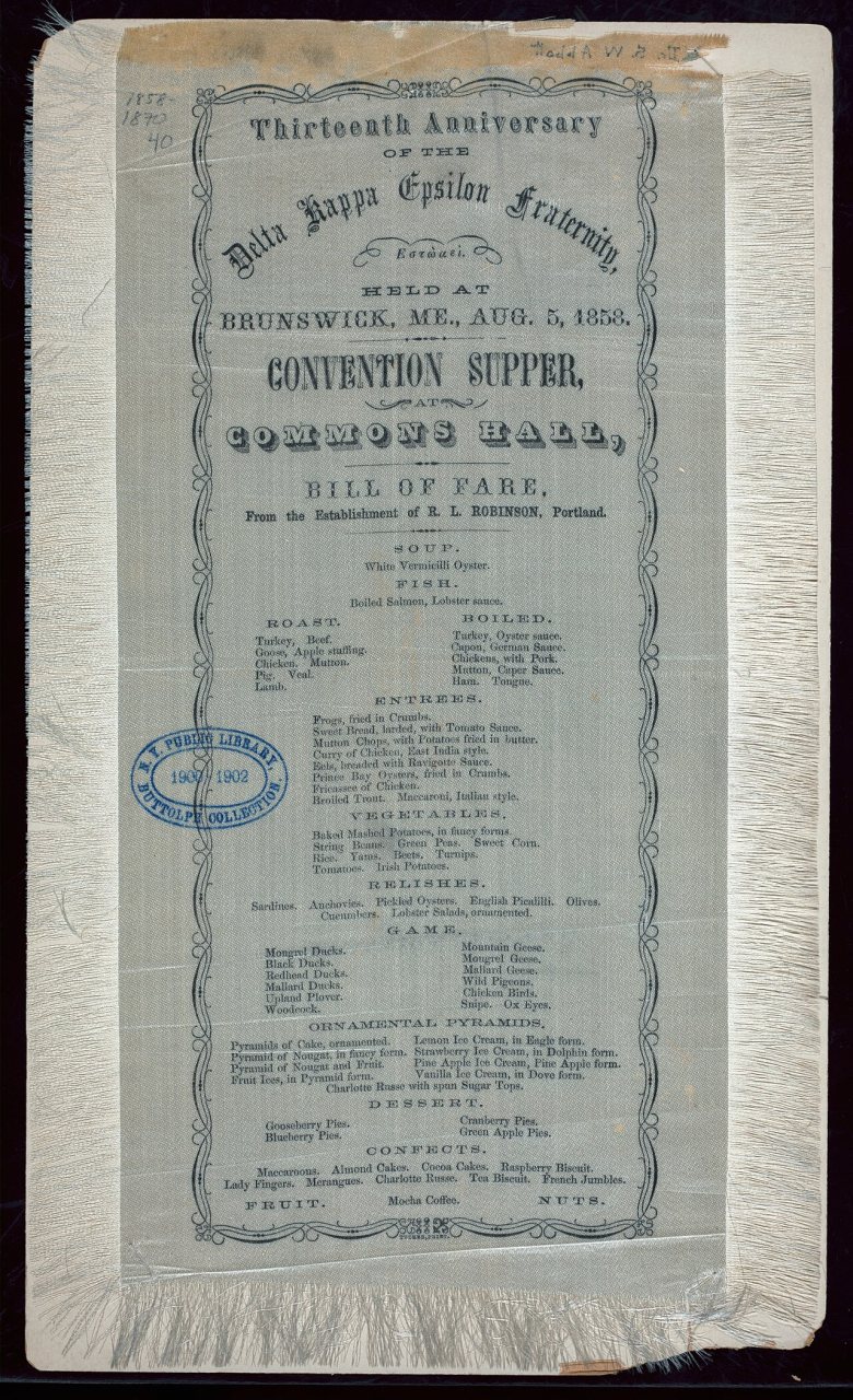 CONVENTION SUPPER (held by) DELTA KAPPA EPSILON FRAT. (at) "BRUNSWICK, ME" (RESTAURANT)