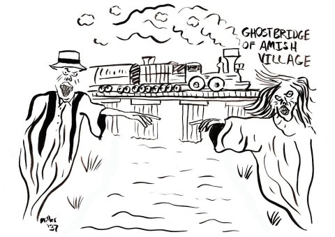 John Miller 1937 drawing of Amish village ghost bridge in Pinecraft