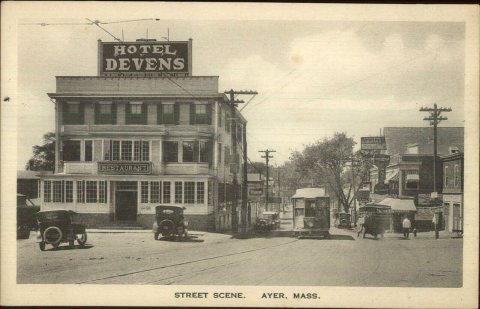 Hotel Devens and streetcar postcard