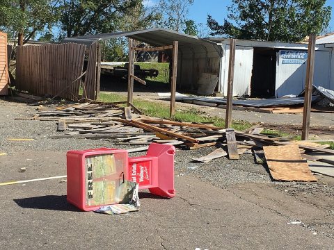 Damaged "Free" board after Hurricane Michael