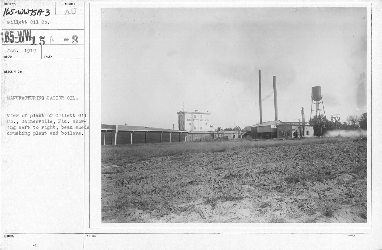 Airplanes - Materials - Manufacturing castor oil. View of plant of Gillett Oil Co., Gainesville, Fla., showing left to …