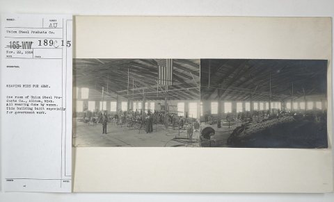 Industries of War - Barbed Wire - WEAVING WIRE FOR ARMY. One room of Union Steel Products Co., Albino, Michigan. All we…