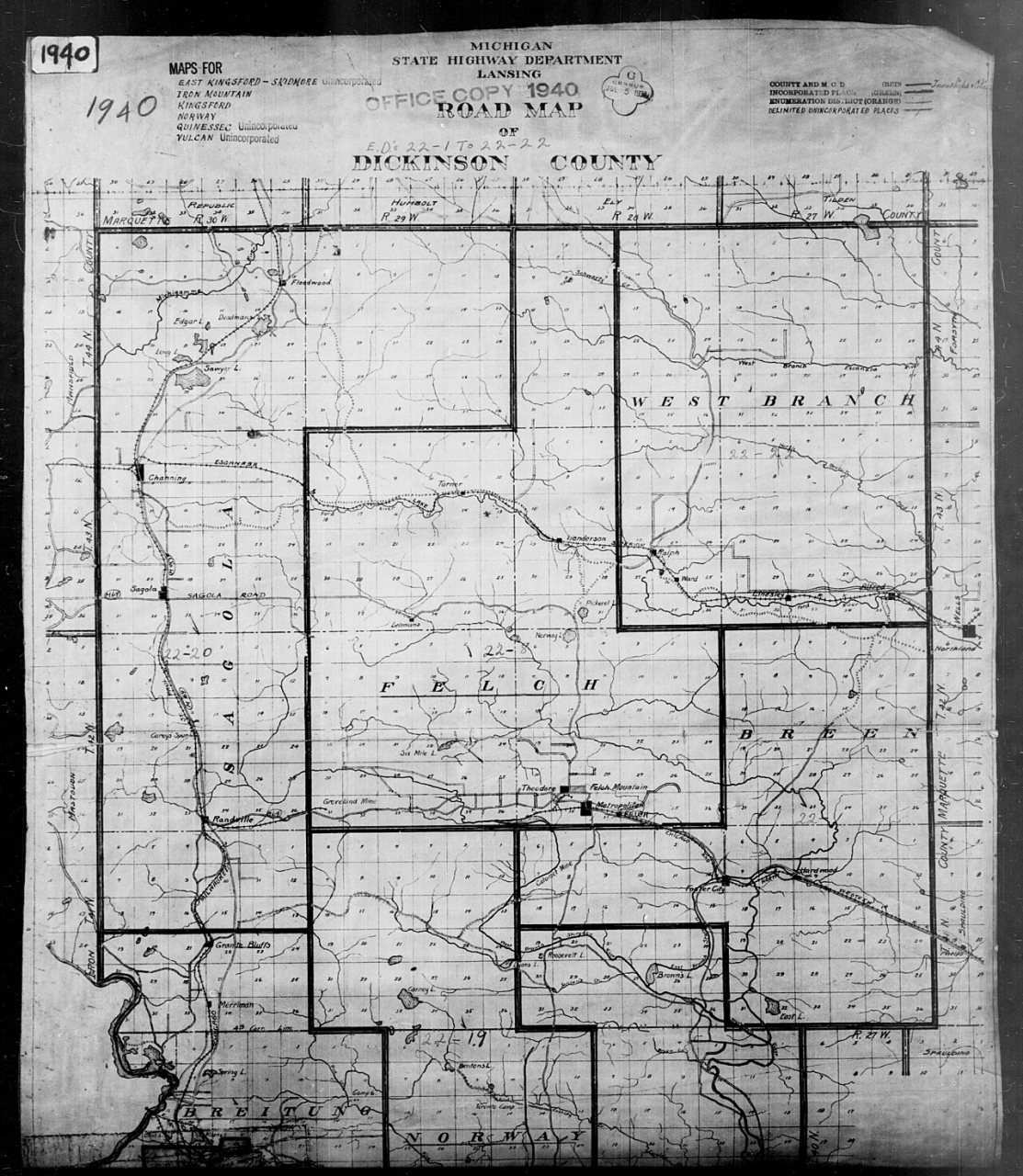 1940 Census Enumeration District Maps - Michigan - Dickinson County - ED 22-1 - ED 22-22