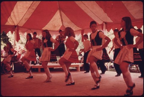 A GROUP OF "UNICOI CLOGGERS" FROM WHITE COUNTY, GEORGIA PERFORM AMERICAN MOUNTAIN DANCE ROUTINES TO BAVARIAN POLKA... -…