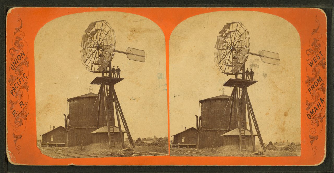 View of a windmill at Columbus.Alternate Title: Union Pacific Railroad west from Omaha