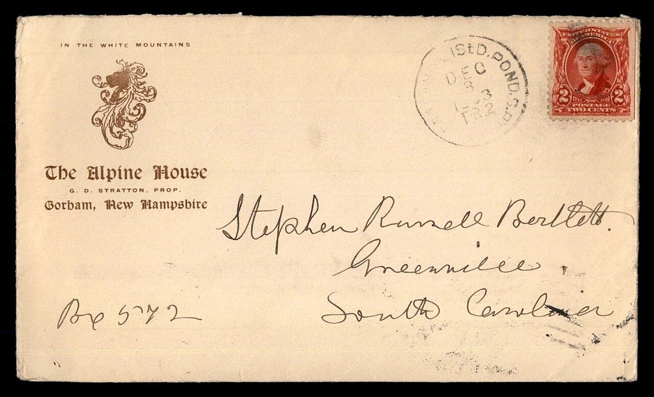 US 1903 Grand Island Pond RPO Alpine House Gorham NH Advertising Cover front