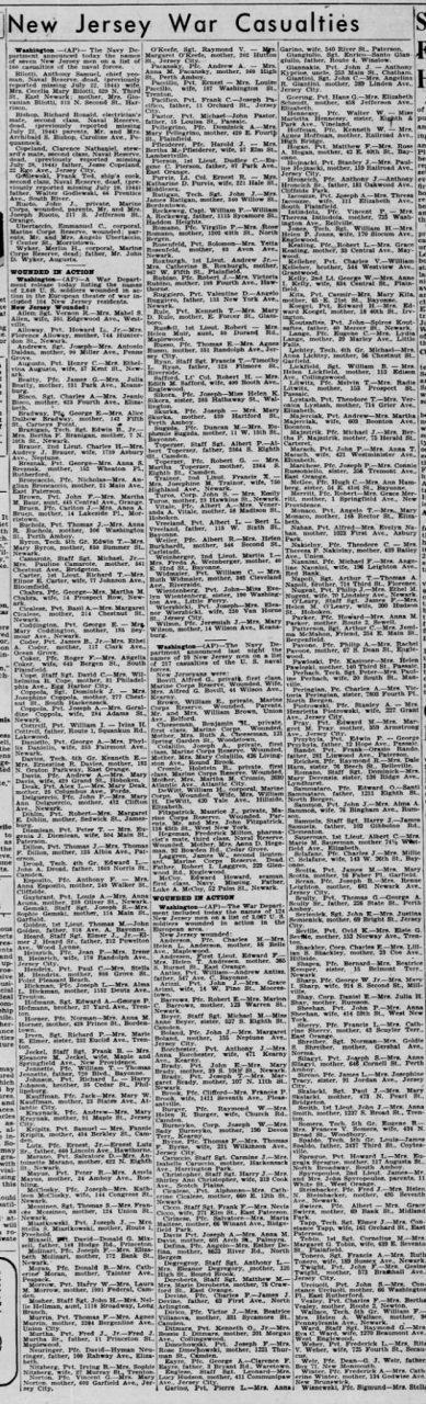 New Jersey War Casualties in The Courier-News of Bridgewater, New Jersey on 10 October 1944