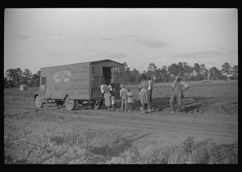 Rolling store which goes from door to door selling groceries, hardware, drygoods, drugs, and a variety of household and…