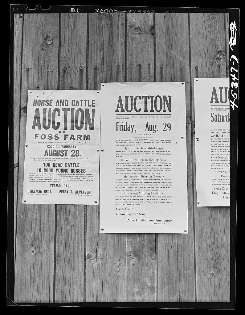 Auction notices of farms in the Pine Camp expansion area posted on a barn at the Ingalls farm near Antwerp, New York