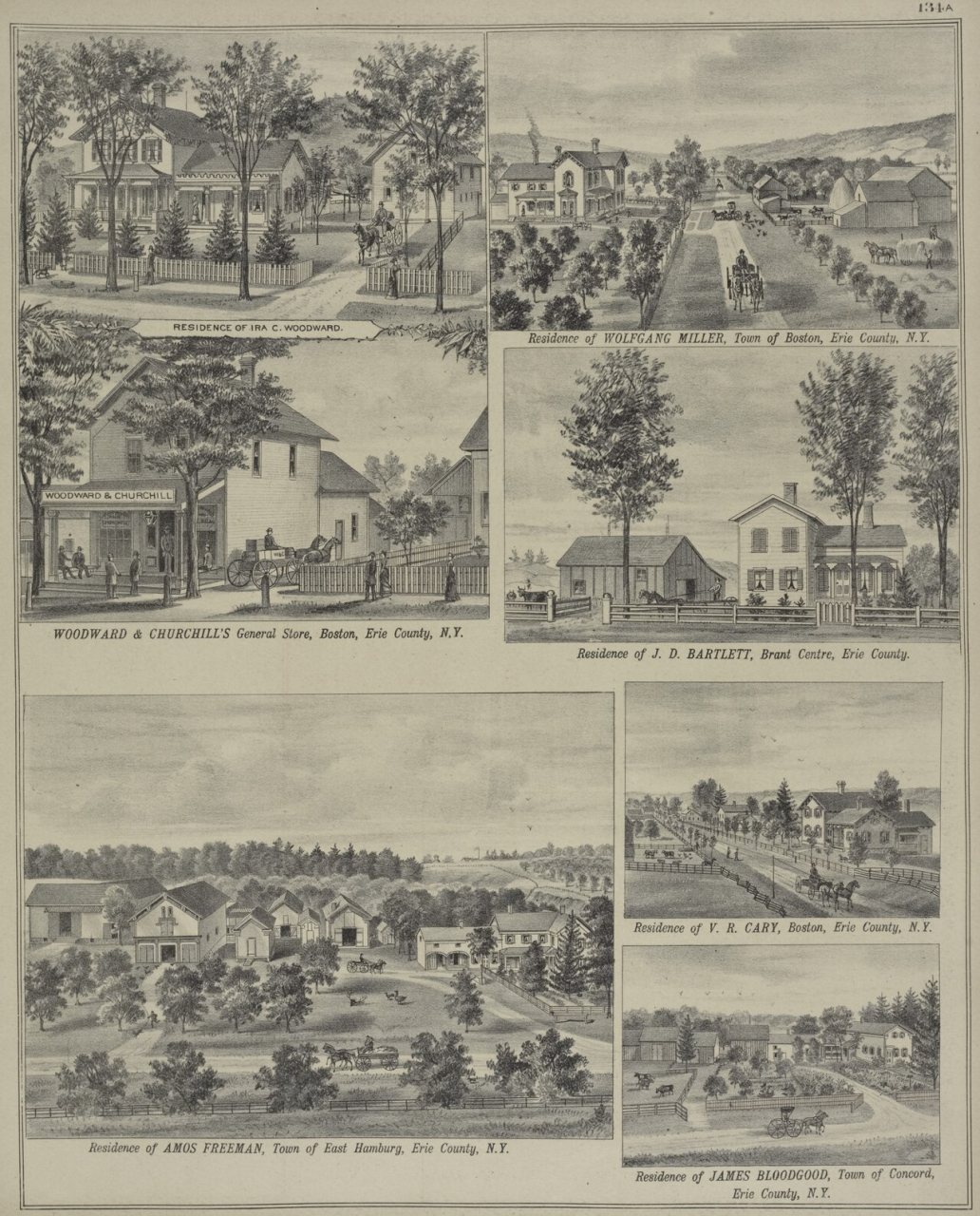 Residence of Ira C. Woodward.; Woodward and Churchill's General Store, Boston, Erie County, N.Y.; Residence of Amos Fre…