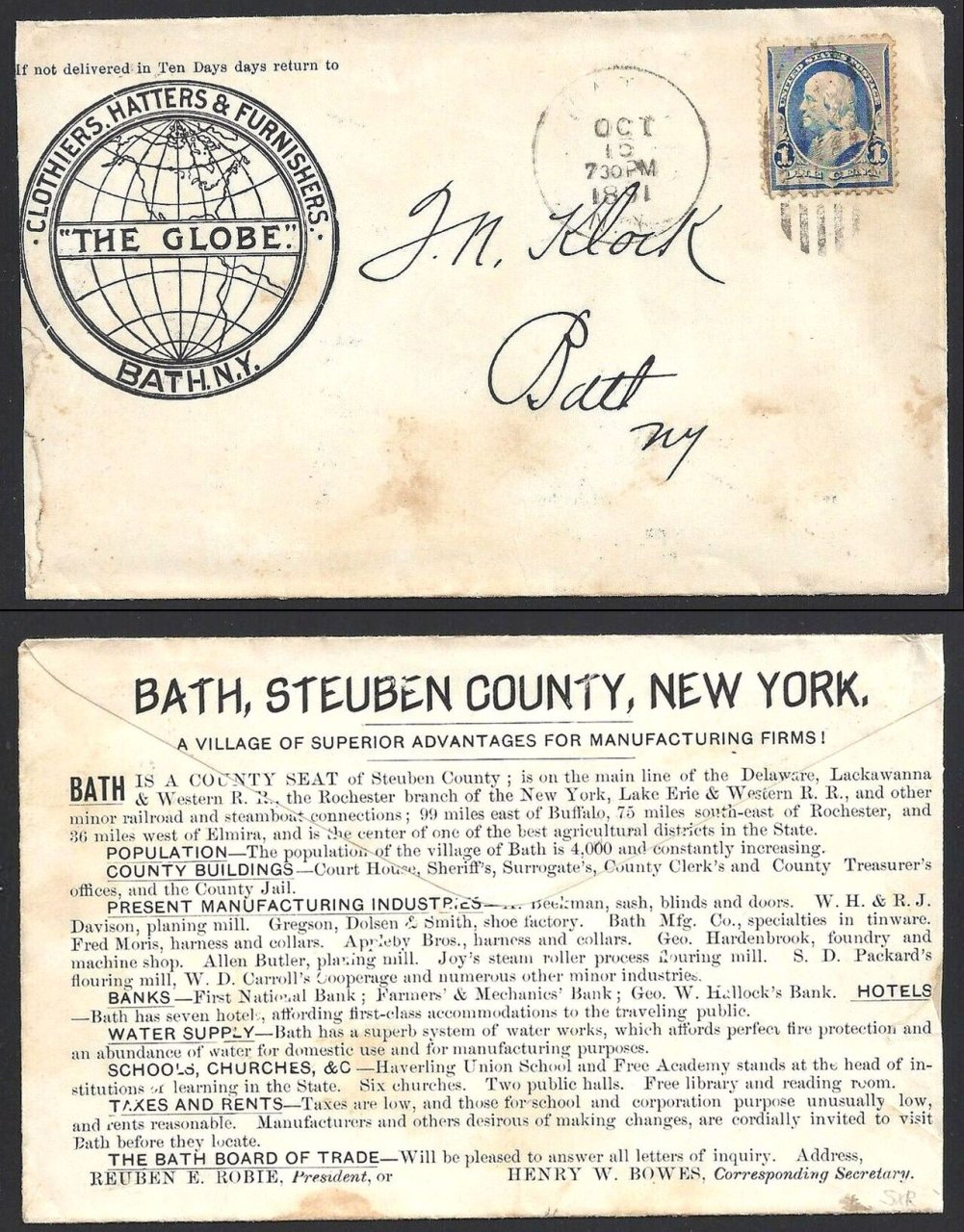 THE GLOBE, CLOTHIERS,HATTERS, Bath, NY, 1891