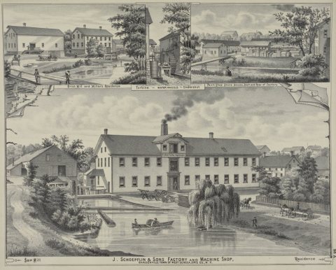 Grist Mill and Miller's Residence , Turbine - Water Wheels - Undershot, Paint Shop Store Houses, Barn and Rear of Facto…