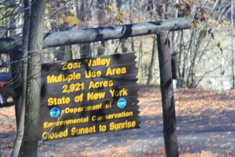 Zoar Valley MUA welcome sign at Forty Road parking area, Town of Persia, New York, October 2012