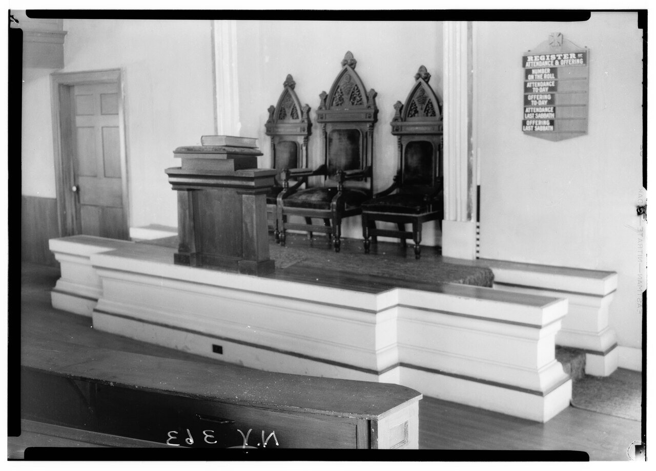 Historic American Buildings Survey, Nelson E. Baldwin, Photographer April 23, 1936, VIEW-INTERIOR-PULPIT AND FRONT OF C…