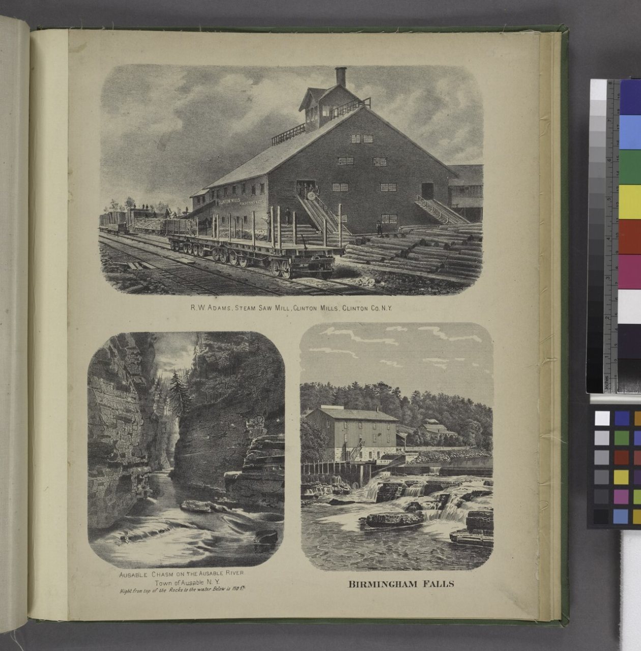"R.W. Adams, Steam Saw Mill, Clinton Co. N.Y; Ausable Chasm on the Ausable River. Town of Ausable N.Y; Birmingham Falls"