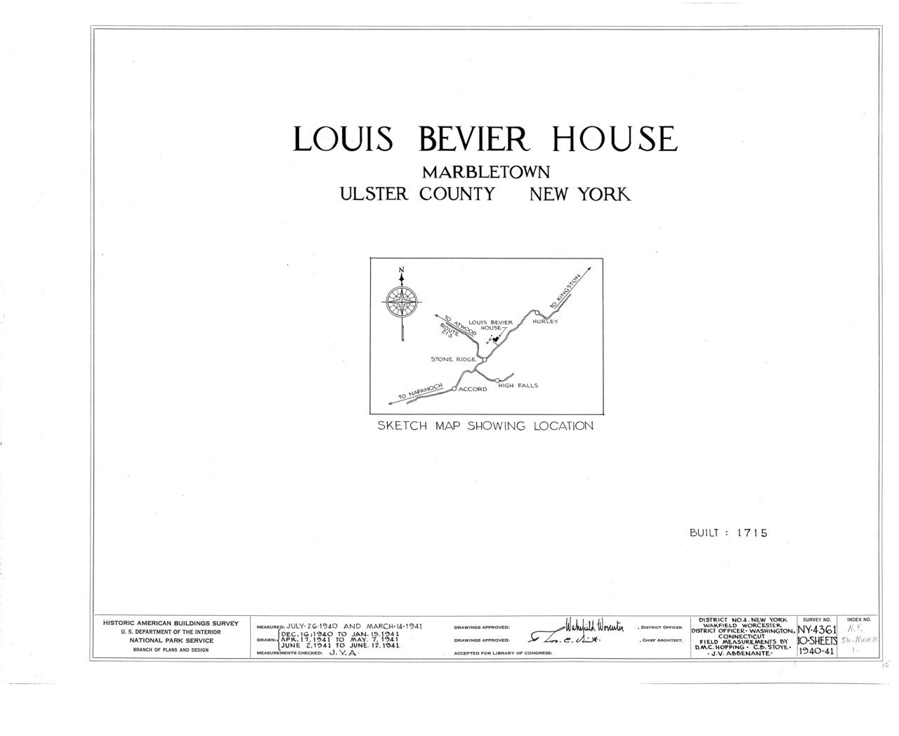 HABS NY,56-MARB,1- (sheet 0 of 10) - Louis Bevier House, State Route 213 Vicinity