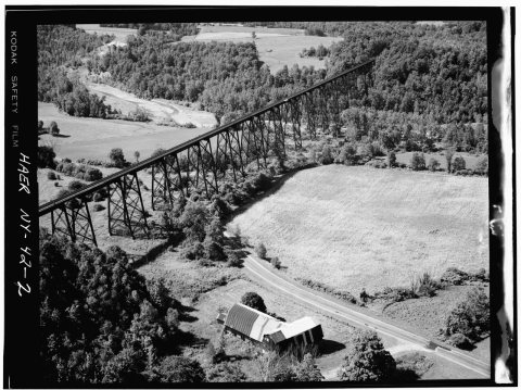 Aerial view of bridge - Erie Railway, Allegany Division, Bridge 367.33, Rush Creek, Botsford Hollow Road, Fillmore, All…